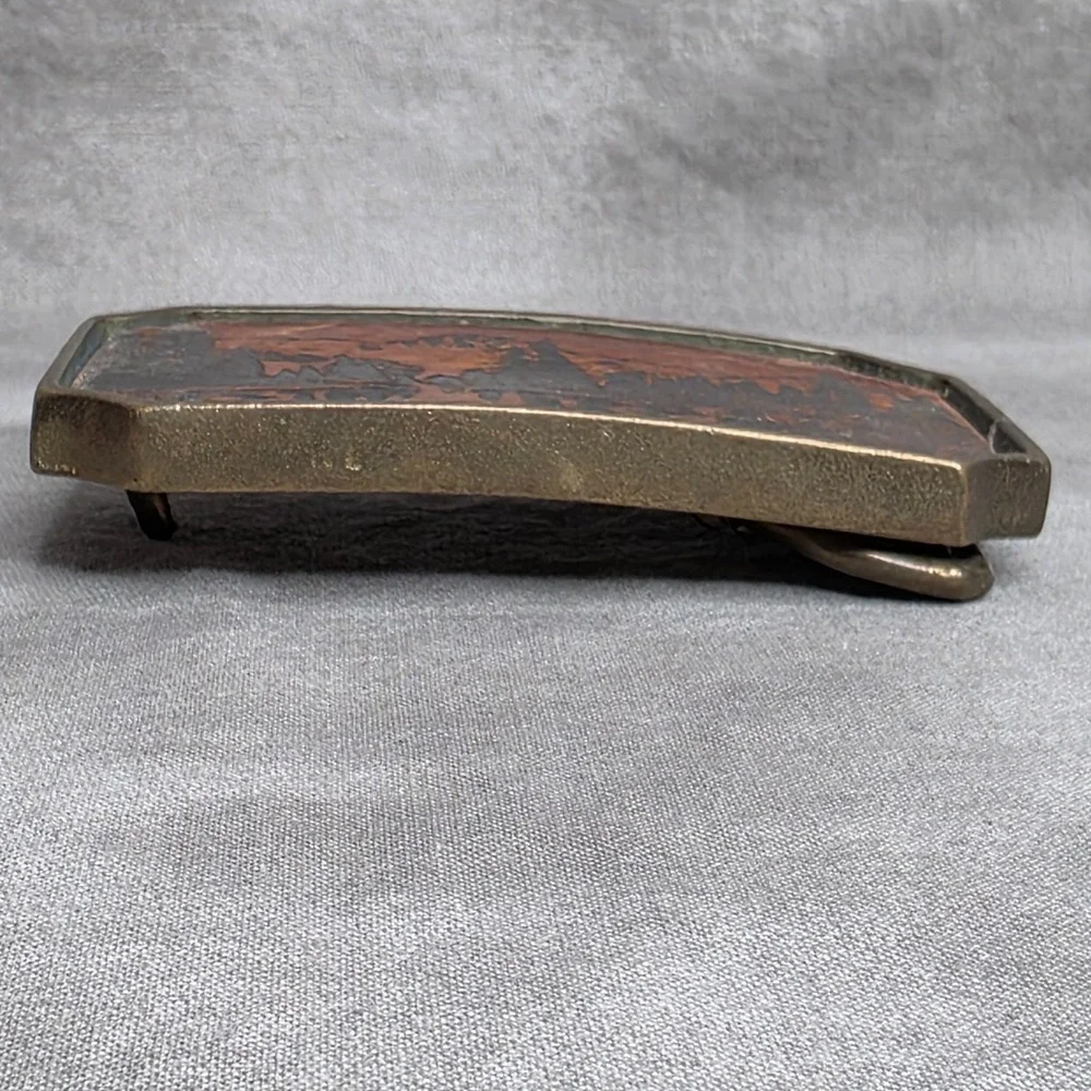 Belt Buckle Vintage Solid Brass Leather‎ Mountain Lake Scenic BTS Made in USA